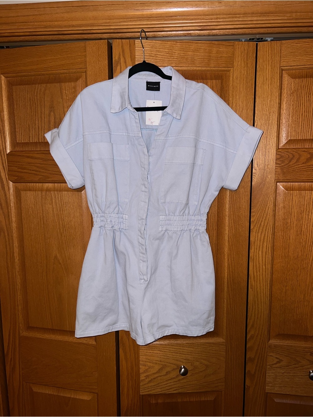 Light Blue Short-Sleeve Romper with Elastic Waist
